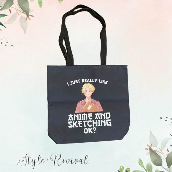 Canvas Anime & Sketching Print Over the Shoulder Large Black Bag - Picture 1 of 6